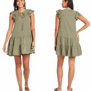 KNOX ROSE Olive Green Boho Tier Ruffle Mini Dress Boho Festival summer flirty XS